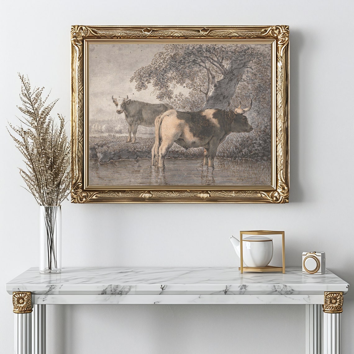 Vintage Cow Sketch Two Cows Watering Tree Antique Farmhouse Poster - Image 2