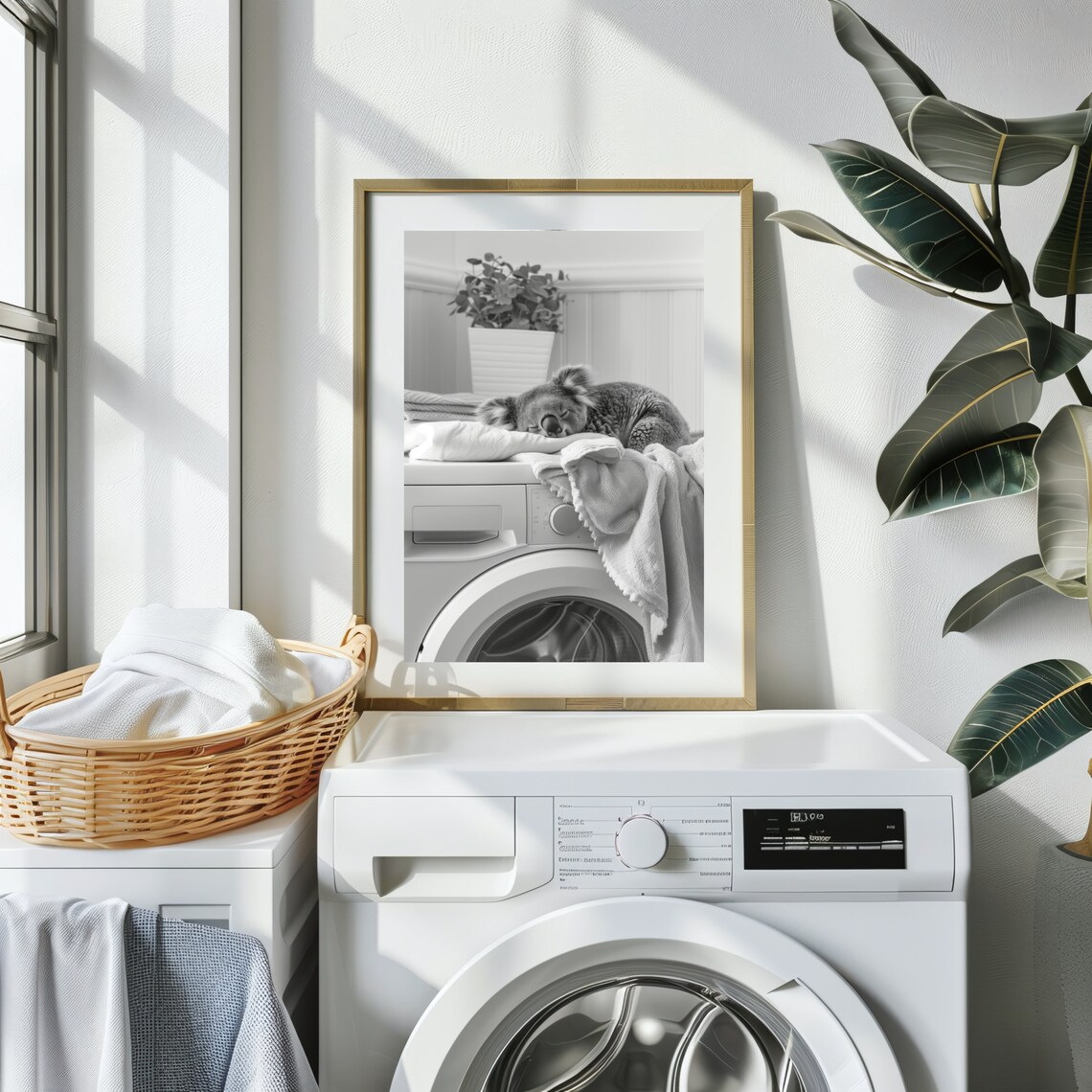 Adorable Koala Asleep on a Washing Machine Art Print - Image 2