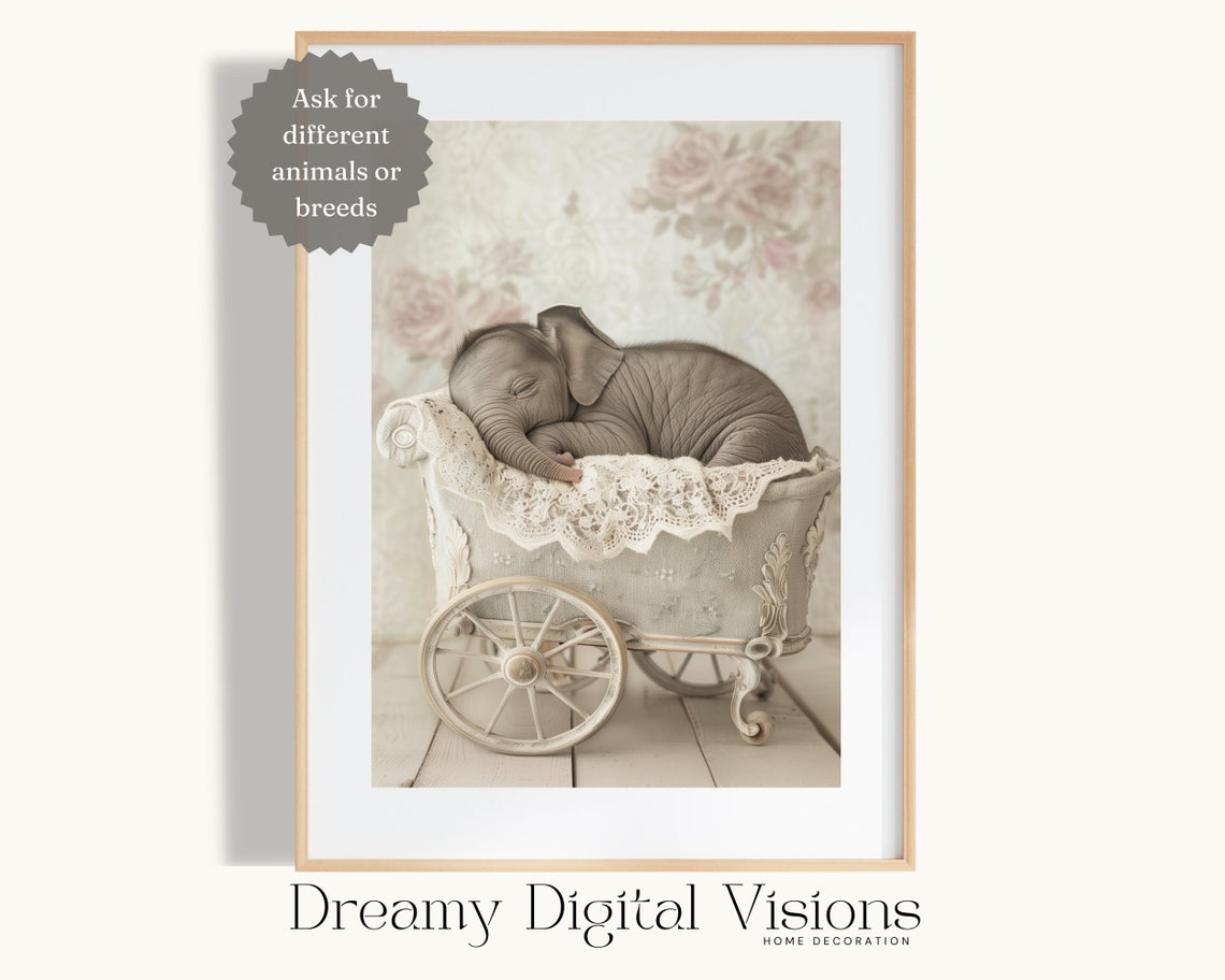 Baby Elephant Sleeping in White Lace Stroller Nursery Photo Poster