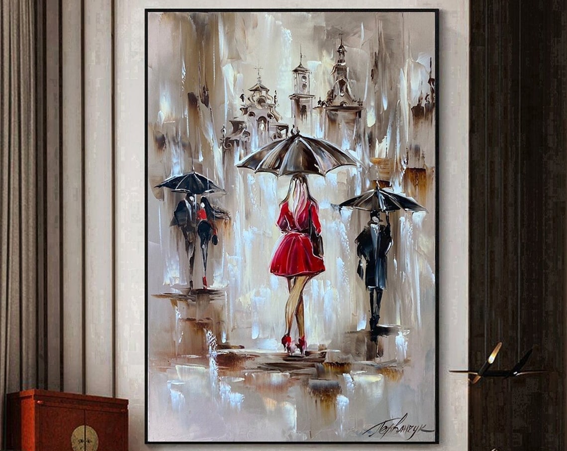 Lady in Red Abstract Rain Art, Hair Salon Wall Print