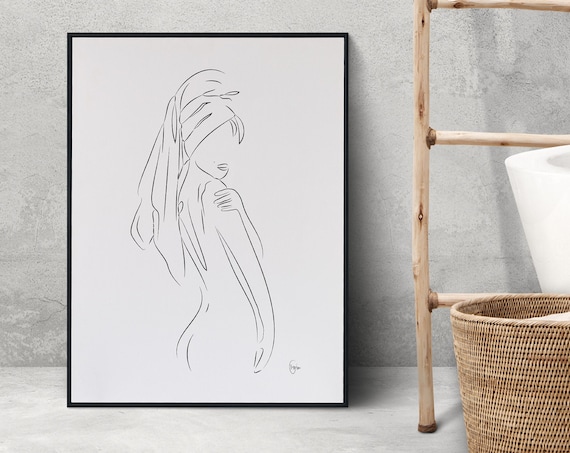Nude Woman Towel Line Art Minimalist Female Figure Art Poster