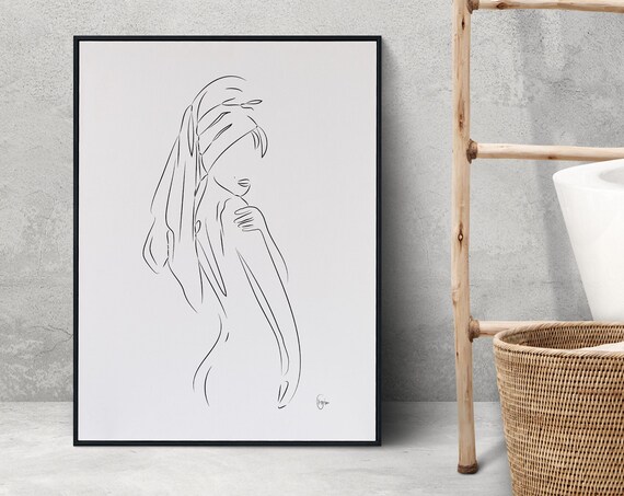 Nude Woman With Towel On Bathroom Poster Female Outline Black And White Bedroom Design File