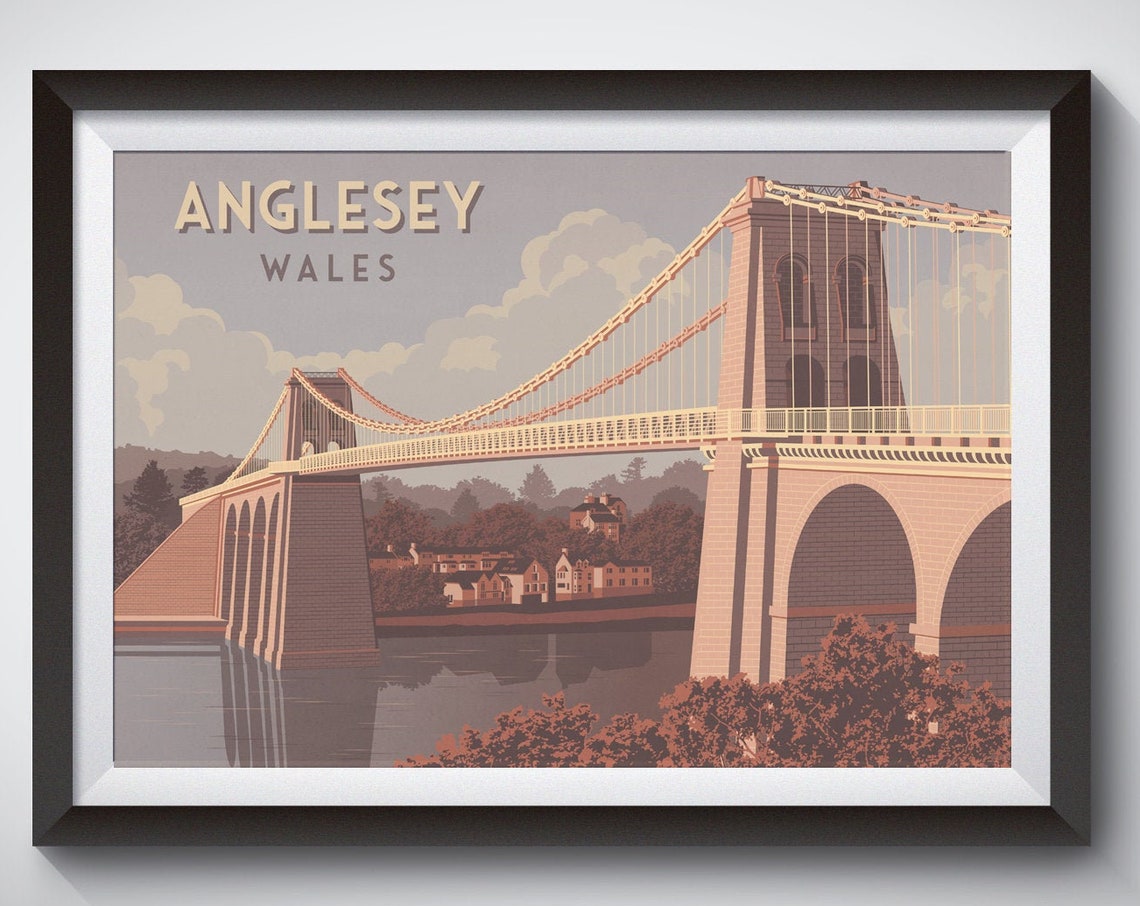 Anglesey Wales Menai Suspension Bridge Riverside Town Scene Art Poster