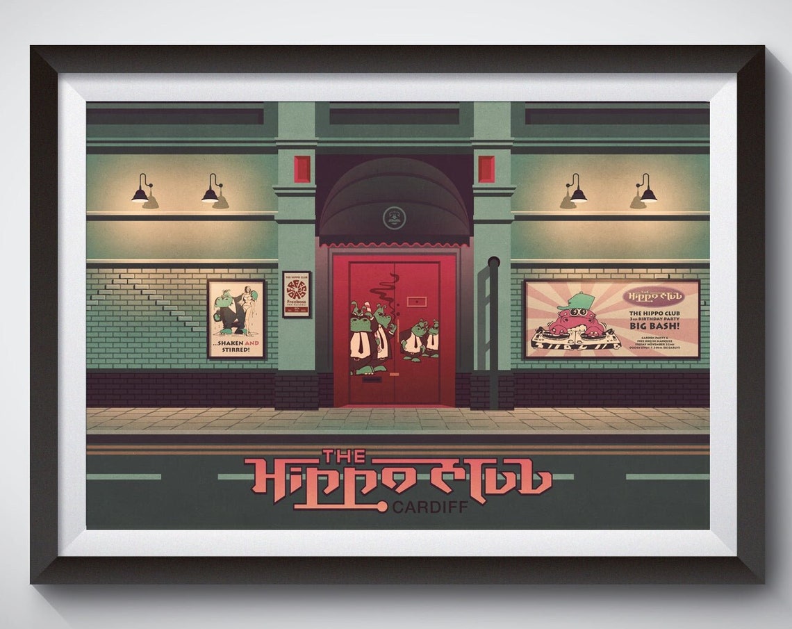 The Hippo Club Cardiff Travel Poster Cardiff Nightclub Wales Travel Print Iconic Venue Architecture 90s Rave Penarth Road Clubbing Uk