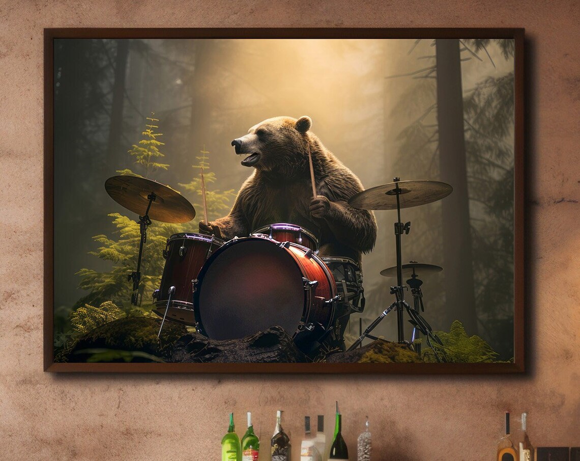 Bear Playing Drums, Abstract Music Studio Art - Image 3