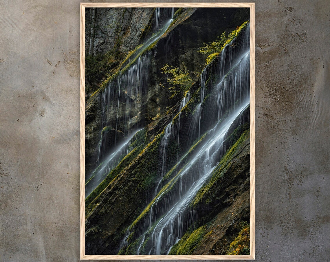 Silky Long Exposure Waterfall Streaming Down Moss Covered Rock Poster