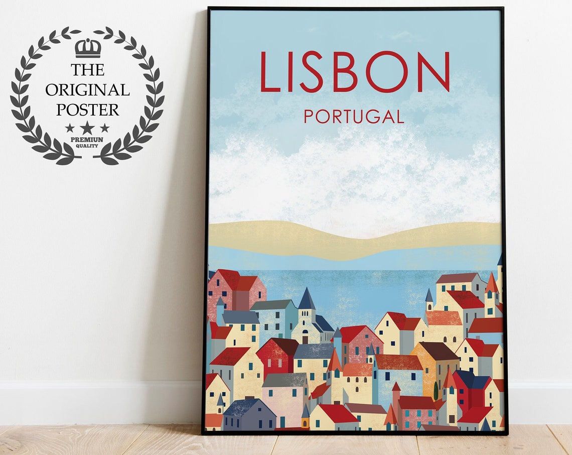 Lisbon Portugal Travel Poster Colorful Old Town Seaside View