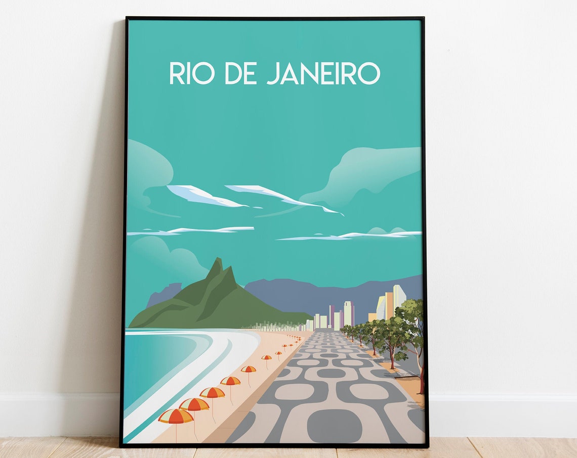 Rio de Janeiro Beach Promenade Umbrellas Retro Travel Poster