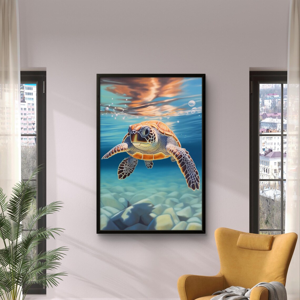 Sea Turtle Swimming Underwater Ocean Wildlife Poster for Coastal Decor