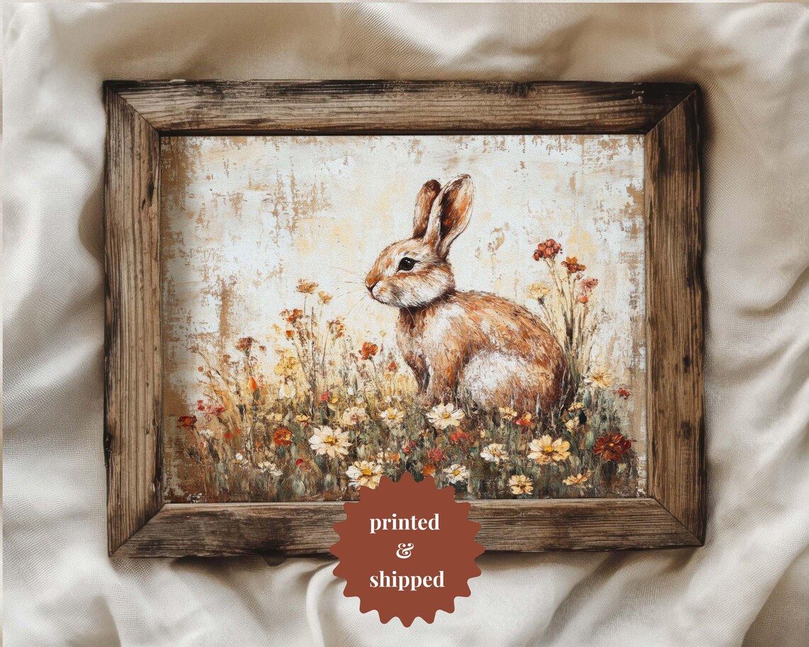 Rabbit On Flower Meadow, Vintage Cottage Decor