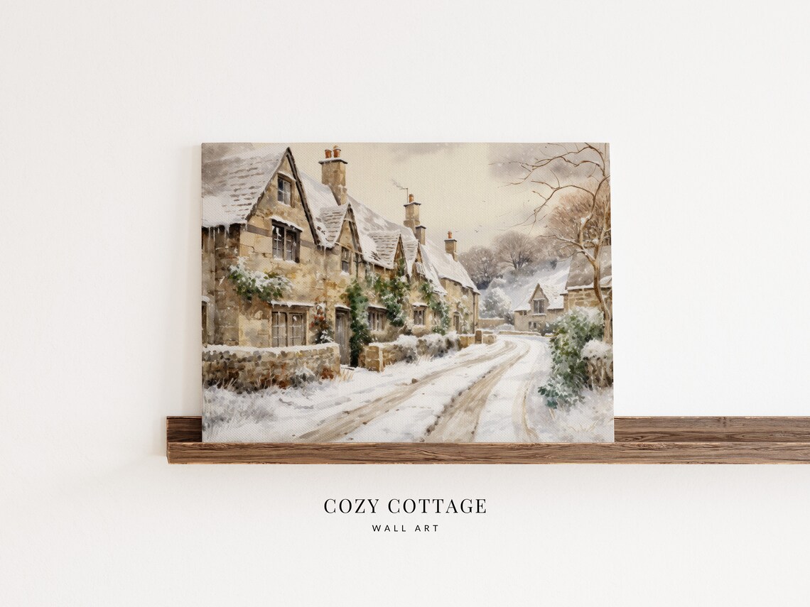 English Cottages In The Snow, Vintage Style Art Print - Image 2