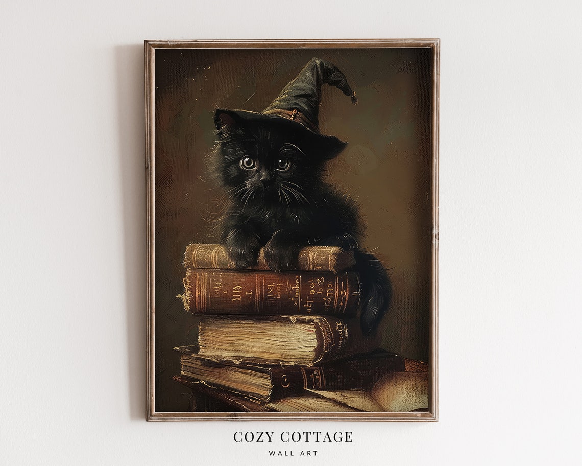 Little Black Cat Halloween Vintage Style Art Print