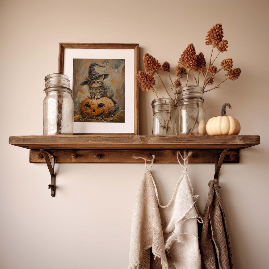 Cute Kitten Witch Hat Pumpkin Vintage Halloween Art - Image 2
