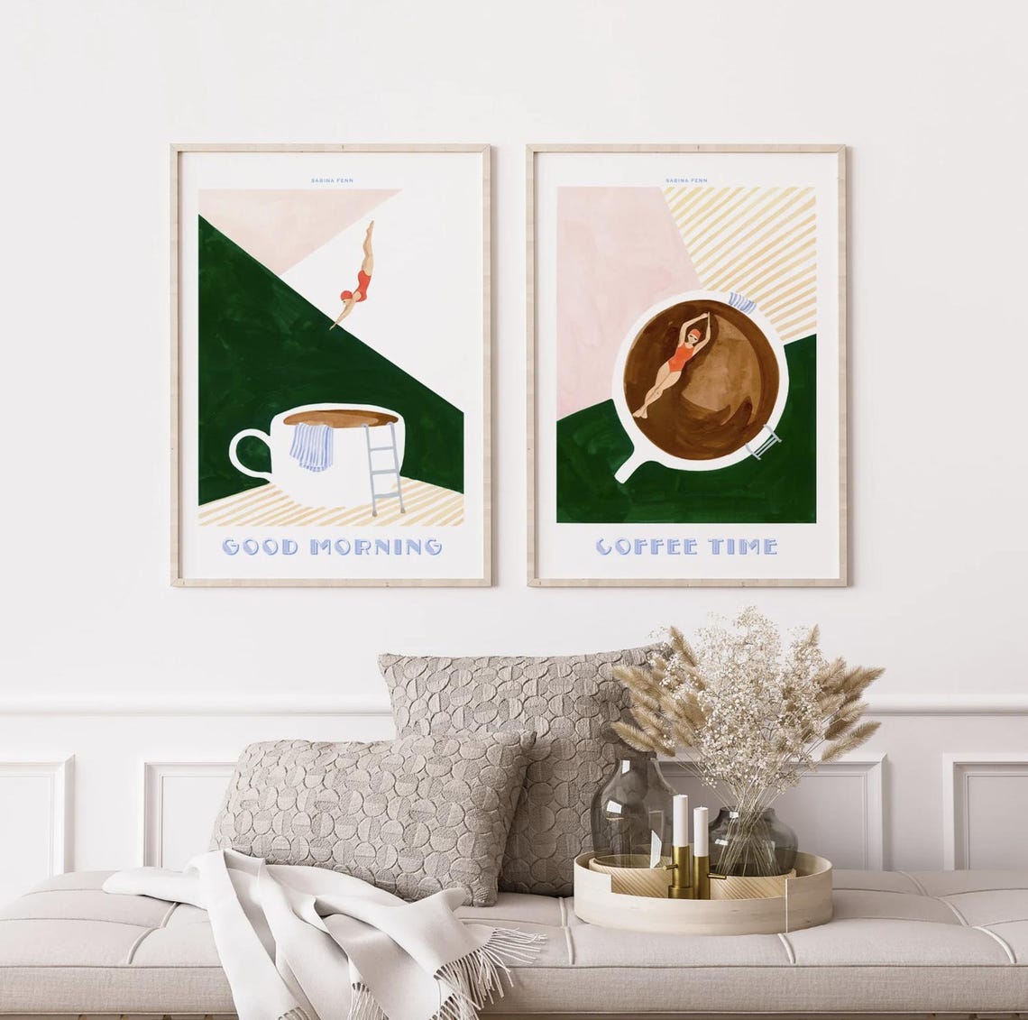 Coffee Art Print Swimmer In Coffee Cup Illustration Minimalist Coffee Lover Wall Art Boho Retro Kitchen Decor - Image 2