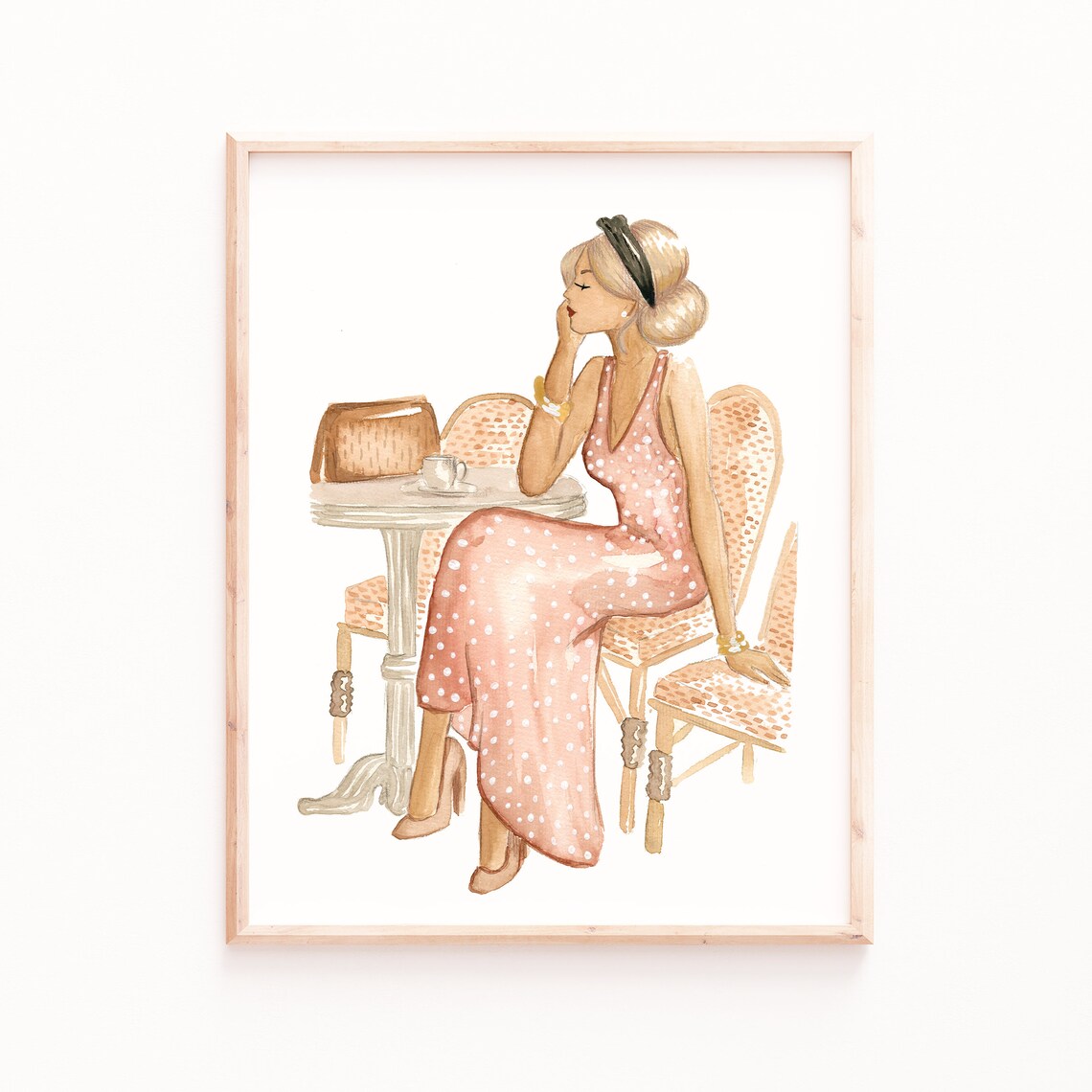 Blonde Woman Pink Polka Dot Dress Paris Cafe Fashion Watercolor Art - Image 4