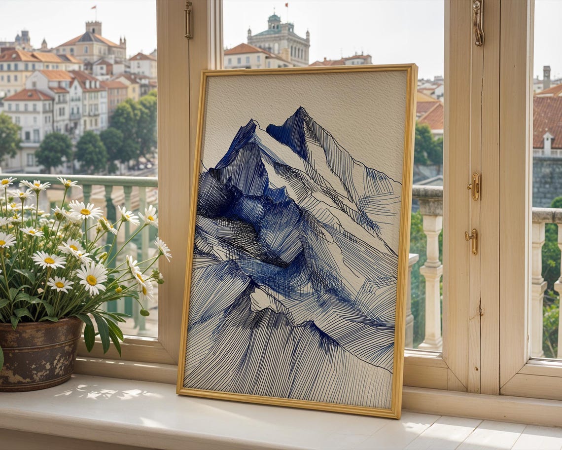 Minimalist Mountain Landscape Line Art, Modern Cabin Decor