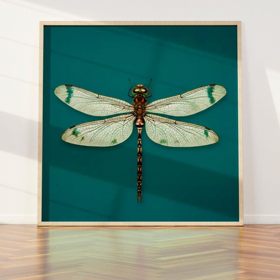 Dragonfly Wall Art Emerald Green Poster Square Vintage Print Insect Painting