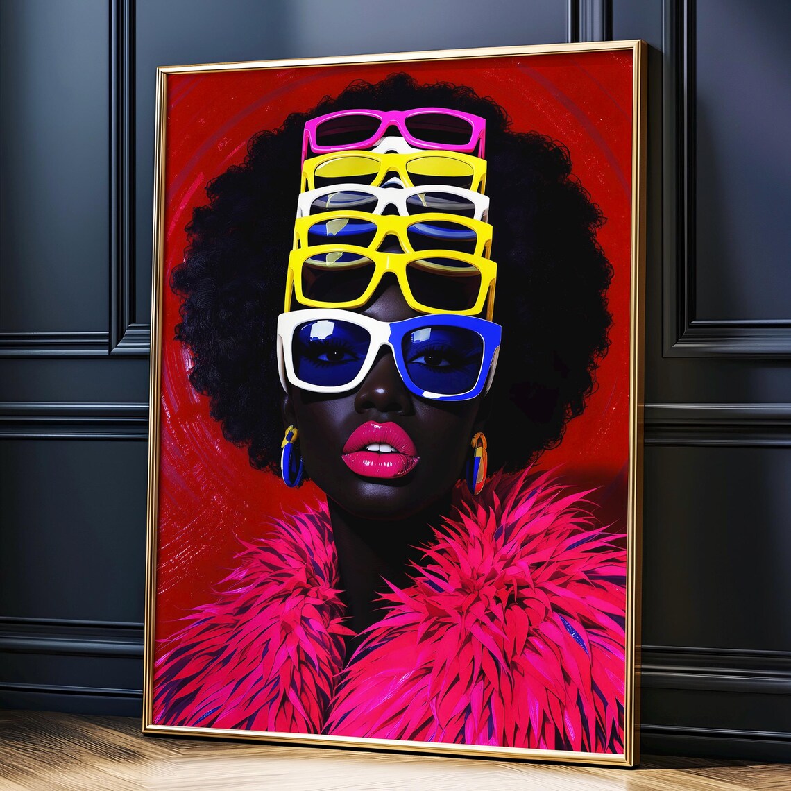 Bold Afro Pop Art Woman Stacked Colorful Sunglasses Vibrant Poster
