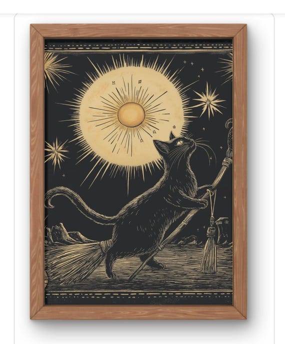 Mystical Black Cat Art Print Celestial Witch Illustration With Broom And Stars Magical Wall For Lovers Witches