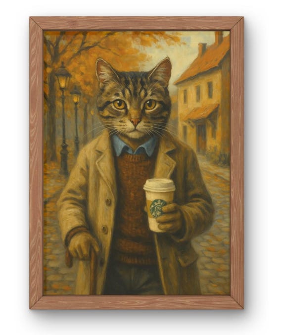 Tabby Cat Holding Coffee Cup Autumn Village Stroll Art Poster