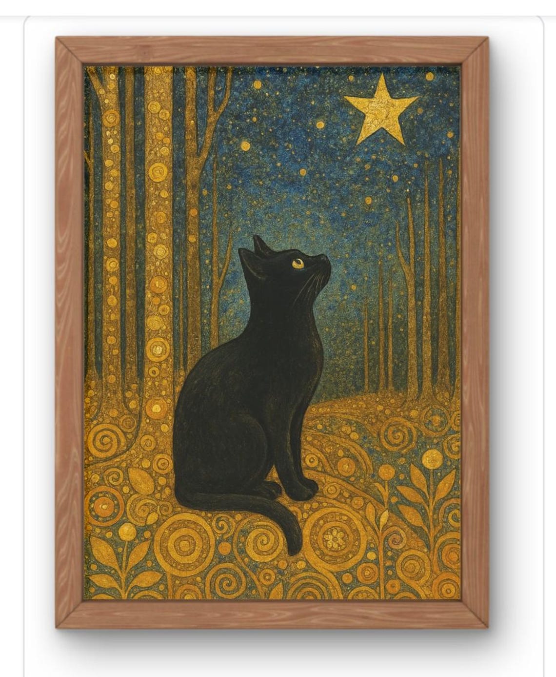 Mystical Black Cat Enchanted Forest Golden Star Night Art Poster
