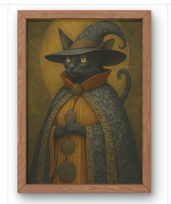 Wizard Cat Art Print Gothic Fanatasy Black In Cloak Hat Mystical Feline A5 To A1 Sizes