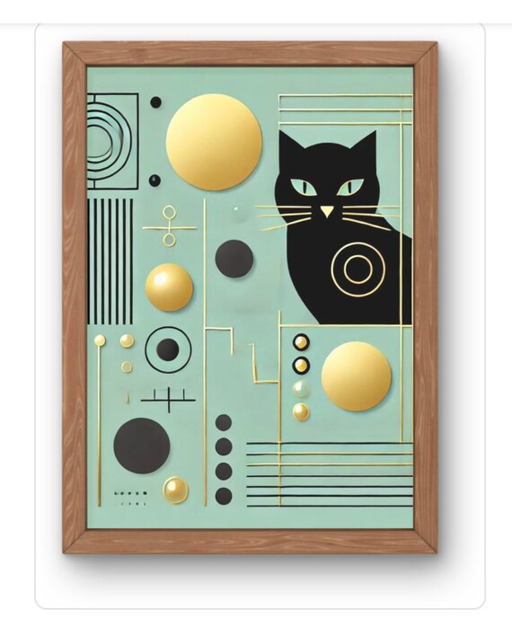 Geometric Black Cat Mint Green Gold Art Deco Style Chic Wall Art