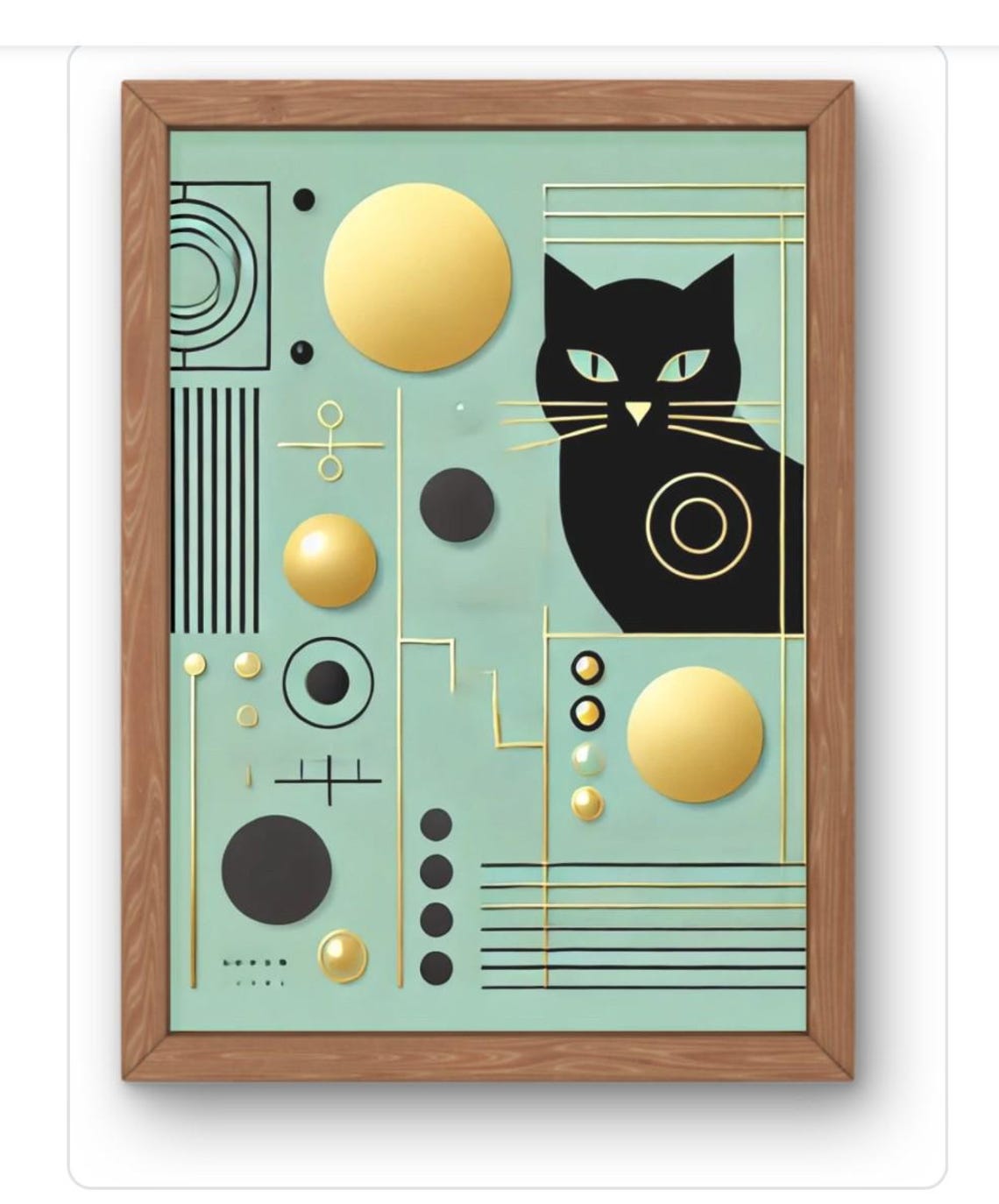 Geometric Black Cat Mint Green Gold Art Deco Style Chic Wall Art