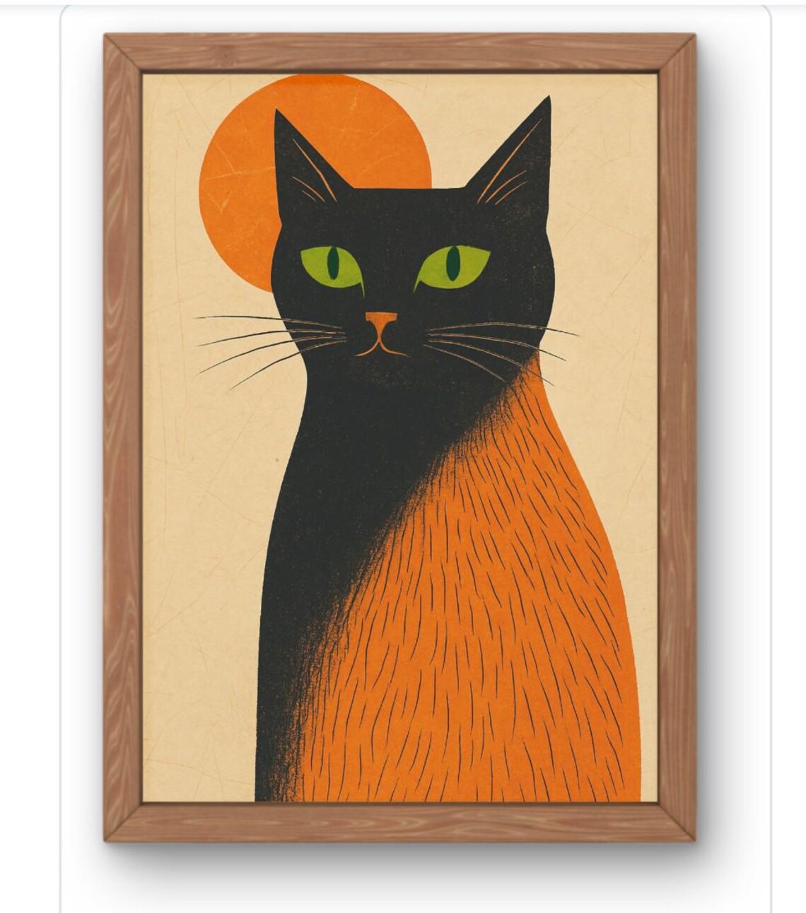 Mid Century Modern Black Cat Orange Sun Retro Feline Art Print
