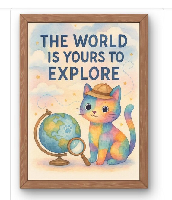 The World Is Yours to Explore Cat Explorer Kids Room Wall Print