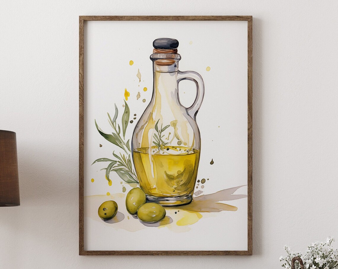 Olive Oil Bottle Watercolor Green Olives Mediterranean Kitchen Poster - Image 3