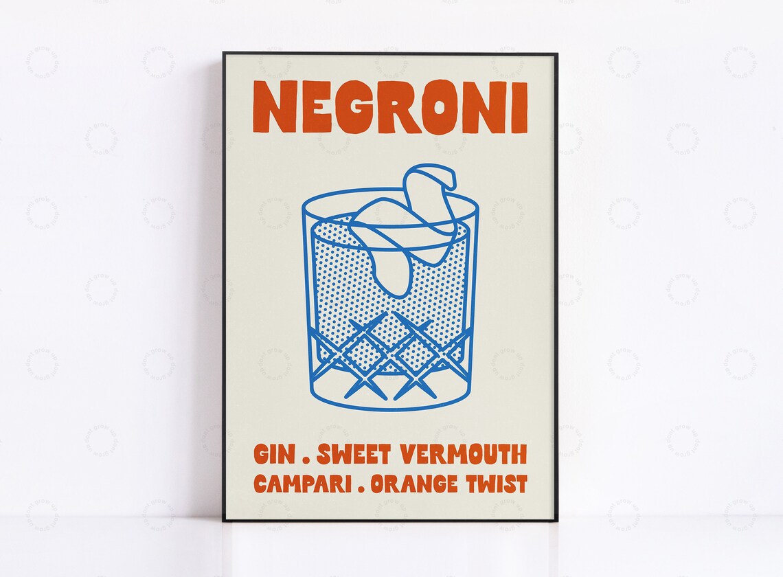 Negroni Cocktail Retro Poster, Mid-Century Modern Bar