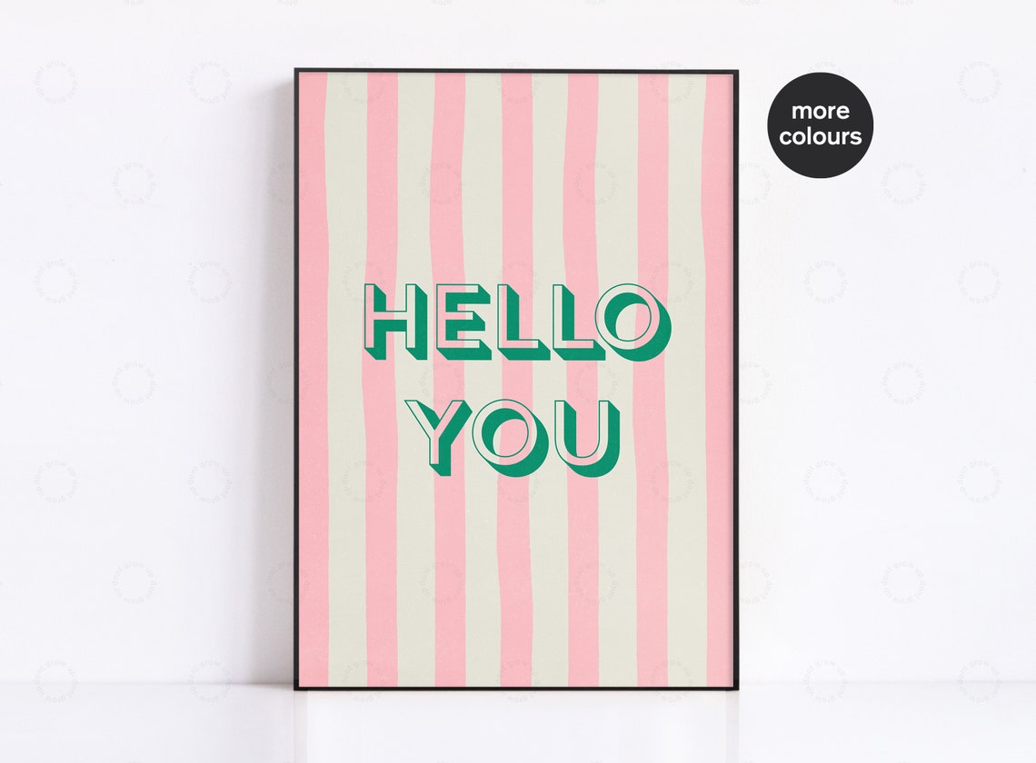 Hello You Retro Block Letter Striped Pink Wall Poster For Trendy Room