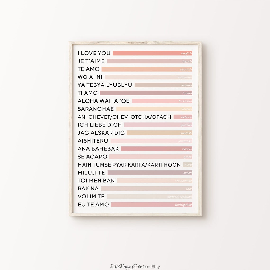 I Love You In 20 Languages Blush Pink Bar Chart Typography Poster