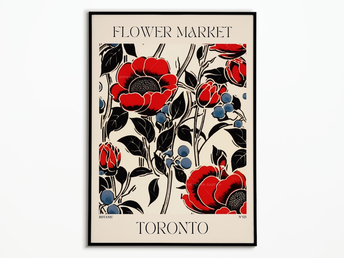 Flower Market Toronto Botanic Red Poppy Woodblock Floral Poster
