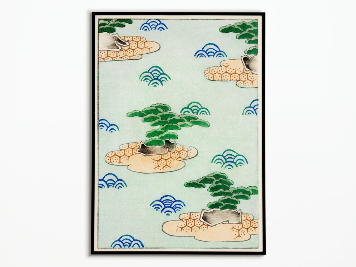 Pine Islands on Pale Green Japanese Patterned Woodblock Art Poster