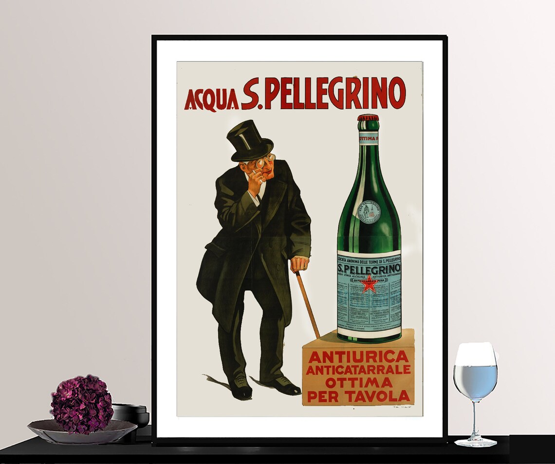 Acqua S Pellegrino Top Hat Gentleman and Giant Bottle Vintage Poster