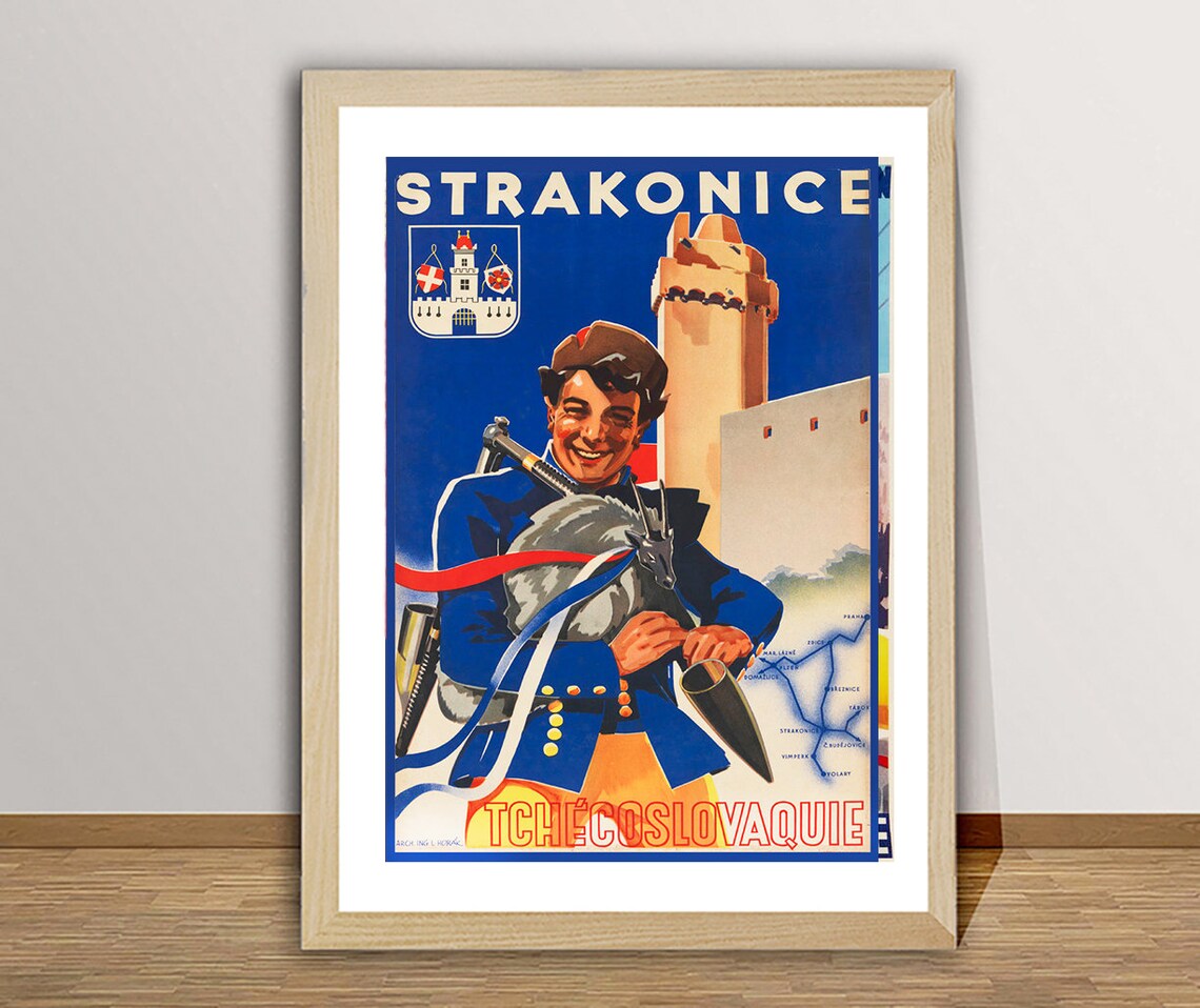 Strakonice Czechoslovakia Vintage Bagpiper Folk Music Travel Poster
