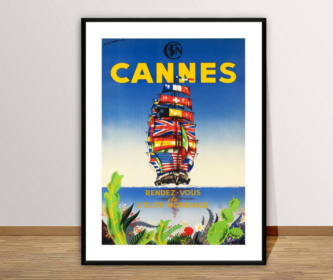 Cannes France Tall Ship World Flags Riviera Vintage Travel Poster - Image 3