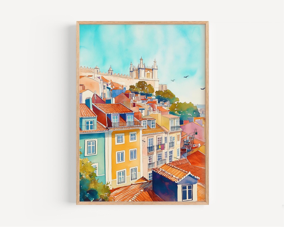 Lisbon Watercolor Travel Poster, Portugal Wall Art