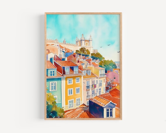 Lisbon Watercolor Travel Poster, Portugal Wall Art