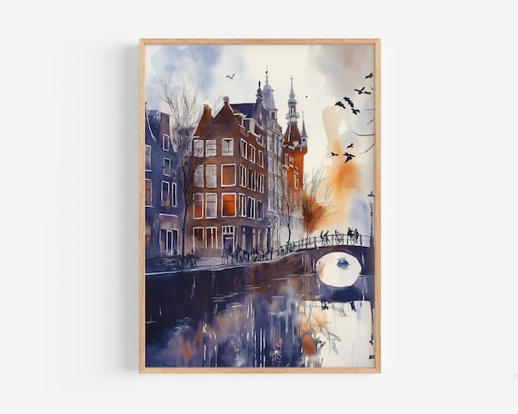 Amsterdam Canal Watercolor Gabled Houses Bridge Dutch Travel Art Poster