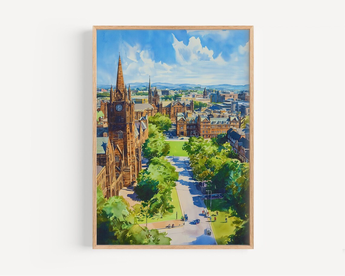 Glasgow Watercolor Painting, Scotland Travel Poster