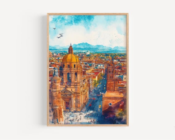 Mexico City Watercolor Painting Wall Art Print Poster Travel Decor Illustration Home