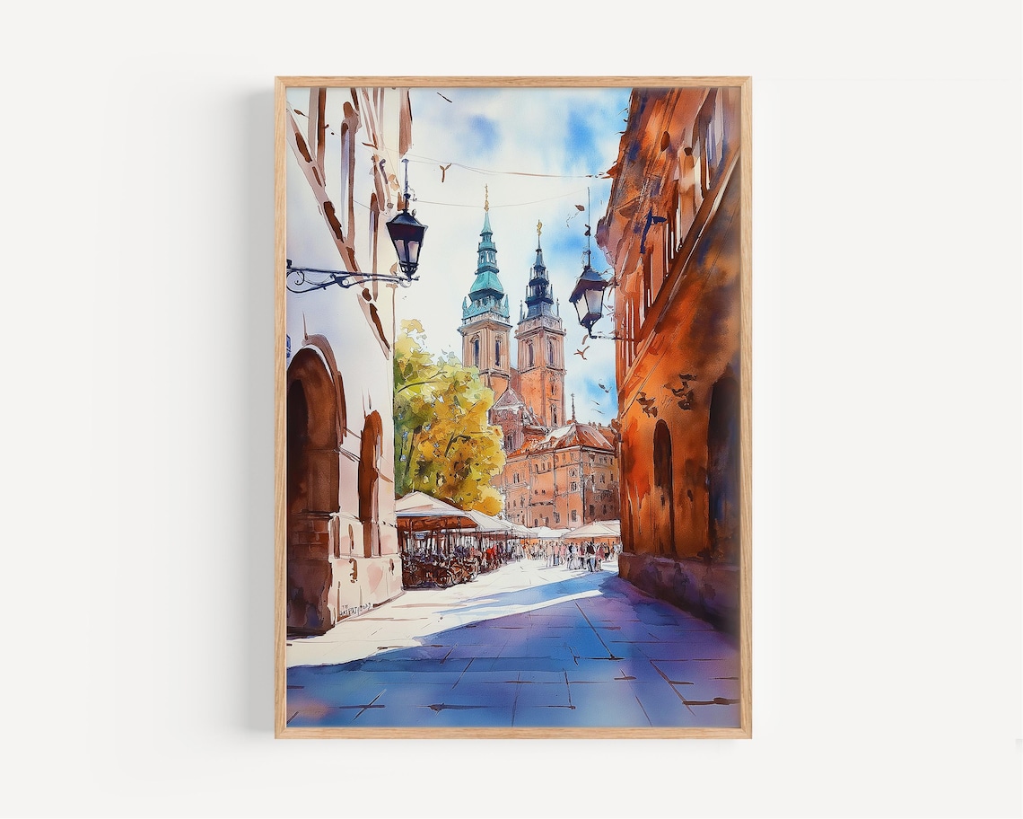 Krakow Market Square Watercolor St Marys Church Poland Art Poster