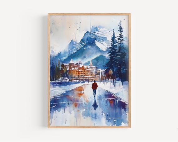 Banff Watercolor Painting Wall Art Print Poster Canada Travel Decor Illustration Home