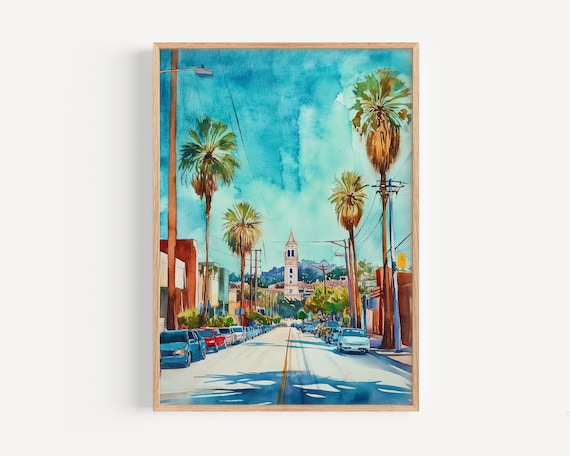 Palm Tree Street Watercolor Painting City Church Bell Tower Print