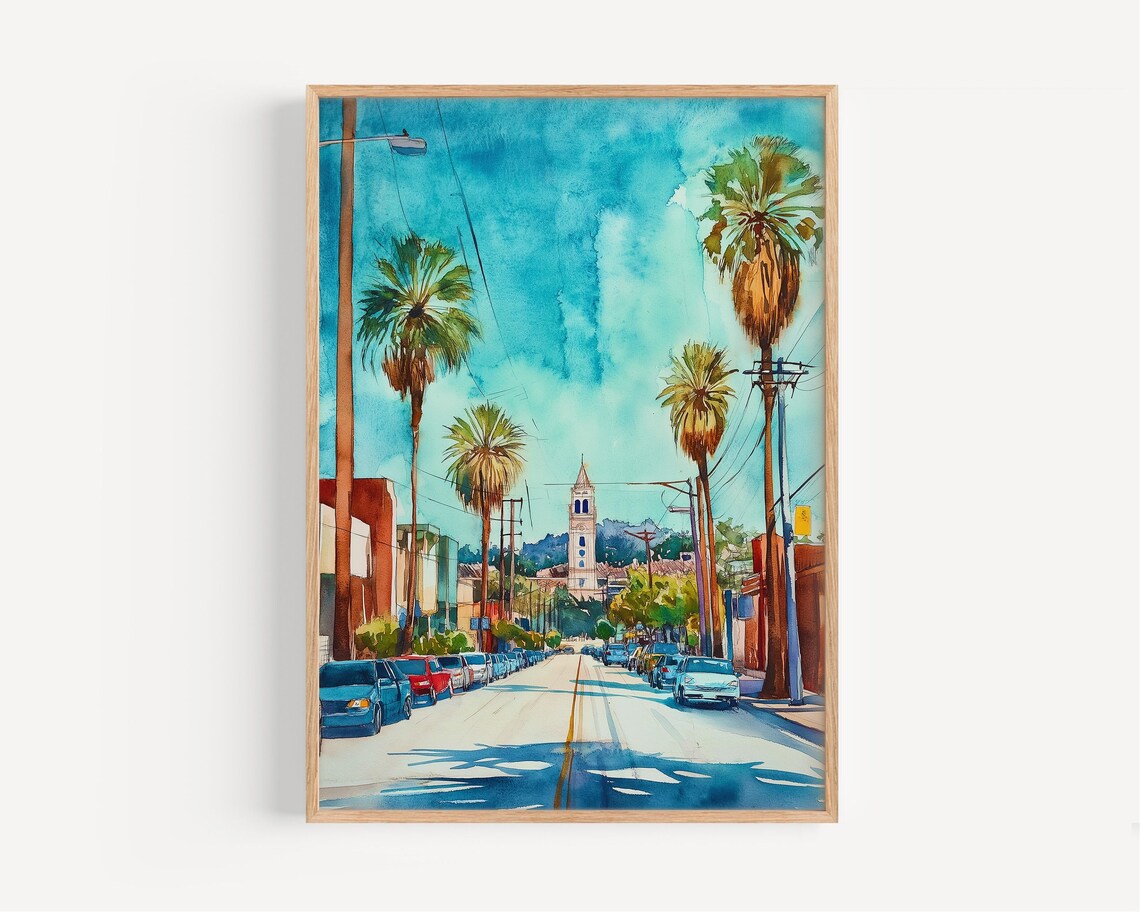 Palm Tree Street Watercolor Painting City Church Bell Tower Print