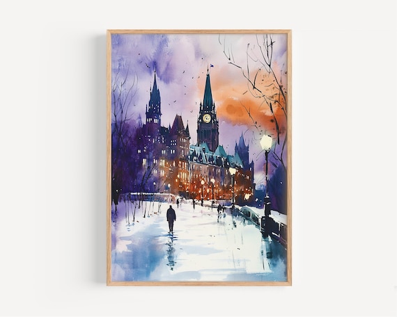 Ottawa Parliament Hill Winter Dusk Watercolor Cityscape Art Print