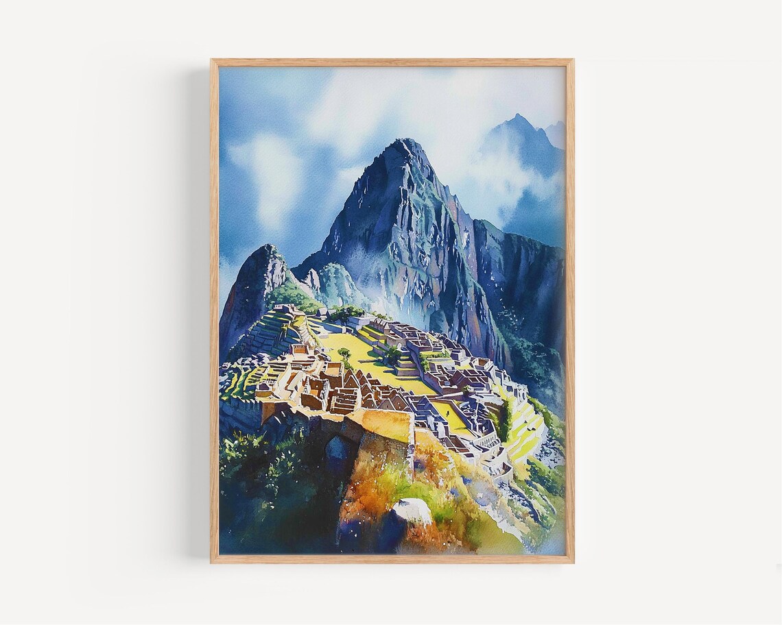 Machu Picchu Peru Inca Ruins Huayna Picchu Watercolor Travel Poster